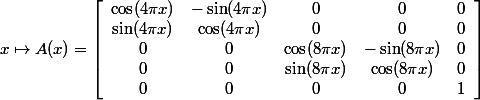 x\mapsto A(x)=\left[\begin{array}{ccccc}\cos(4\pi x)&-\sin(4\pi x)&0&0&0\\\sin(4\pi x)&\cos(4\pi x)&0&0&0\\0&0&\cos(8\pi x)&-\sin(8\pi x)&0\\0&0&\sin(8\pi x)&\cos(8\pi x)&0\\0&0&0&0&1\end{array}\right]
